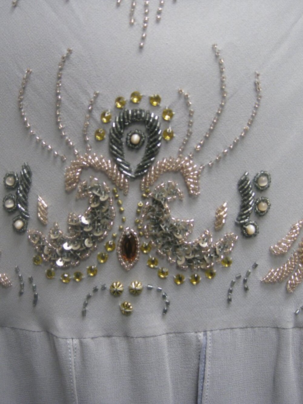 Sue Wong Nocturne Dress Y2K Cocktail 76 Flapper Grey Silver Gold Beaded Art Deco - Picture 7 of 16